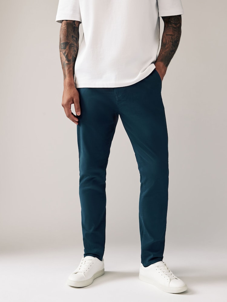 Blue Dark - Skinny Fit Stretch Chino Trousers - Image 1 of 9 Blue Dark - Skinny Fit Stretch Chino Trousers - Image 1 of 9