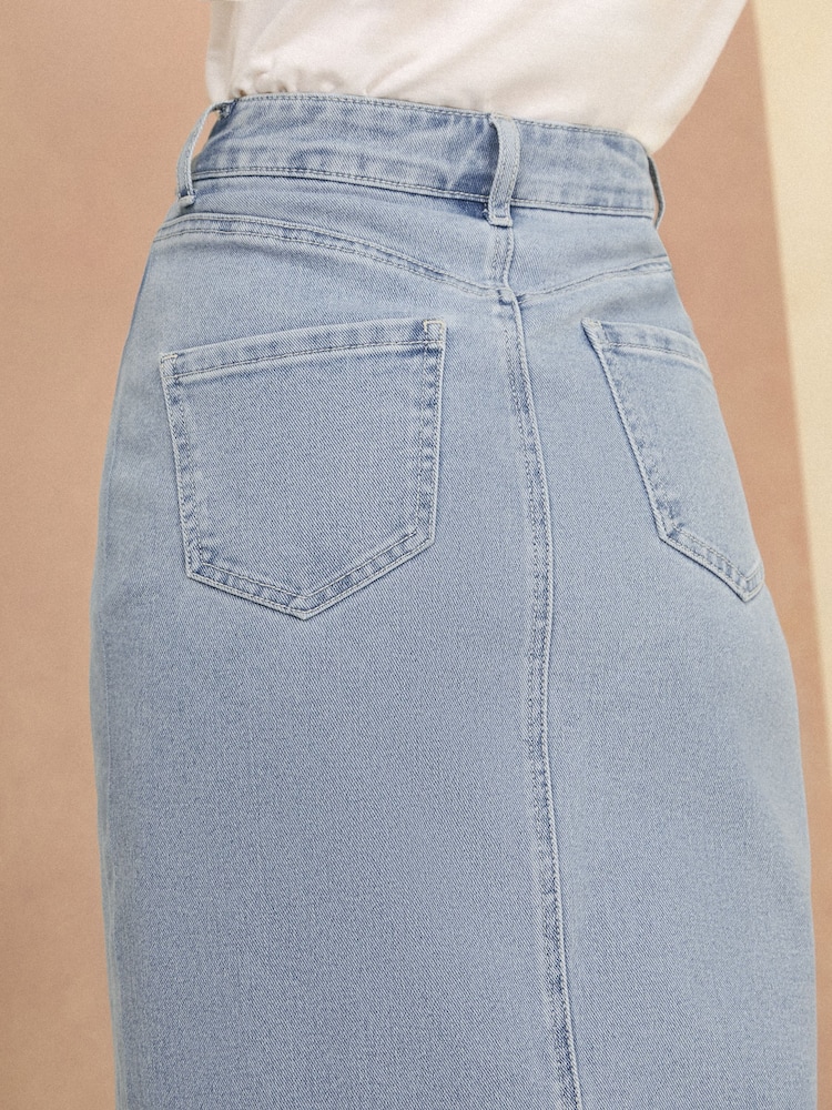 Love & Roses Light Blue Denim Button Split Front Maxi Skirt - Image 2 of 4 Love & Roses Light Blue Denim Button Split Front Maxi Skirt - Image 2 of 4