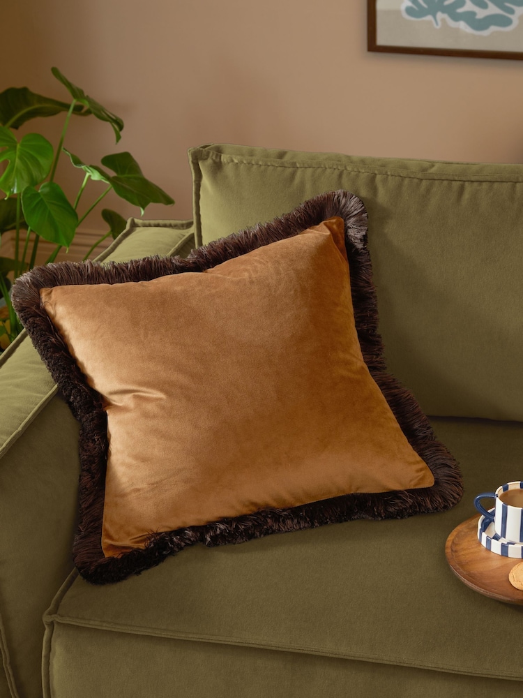 Furn Caramel Chocolate Halo Fringed Velvet Fibre Filled Cushion - Image 1 of 5