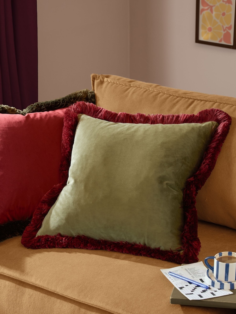 Furn Fir Green Dark Red Halo Fringed Velvet Fibre Filled Cushion - Image 1 of 5