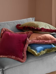 Furn Fir Green Dark Red Halo Fringed Velvet Fibre Filled Cushion - Image 2 of 5