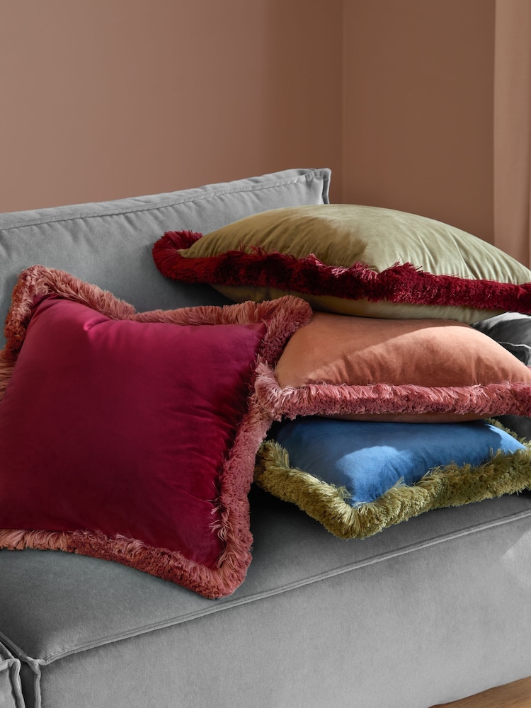 Furn Fir Green Dark Red Halo Fringed Velvet Fibre Filled Cushion - Image 2 of 5