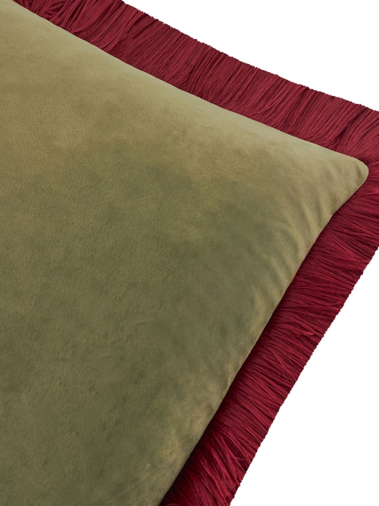 Furn Fir Green Dark Red Halo Fringed Velvet Fibre Filled Cushion - Image 5 of 5