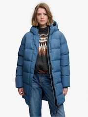 Superdry Blue Hooded Sports Puffer Mid Length Jacket - Image 1 of 9