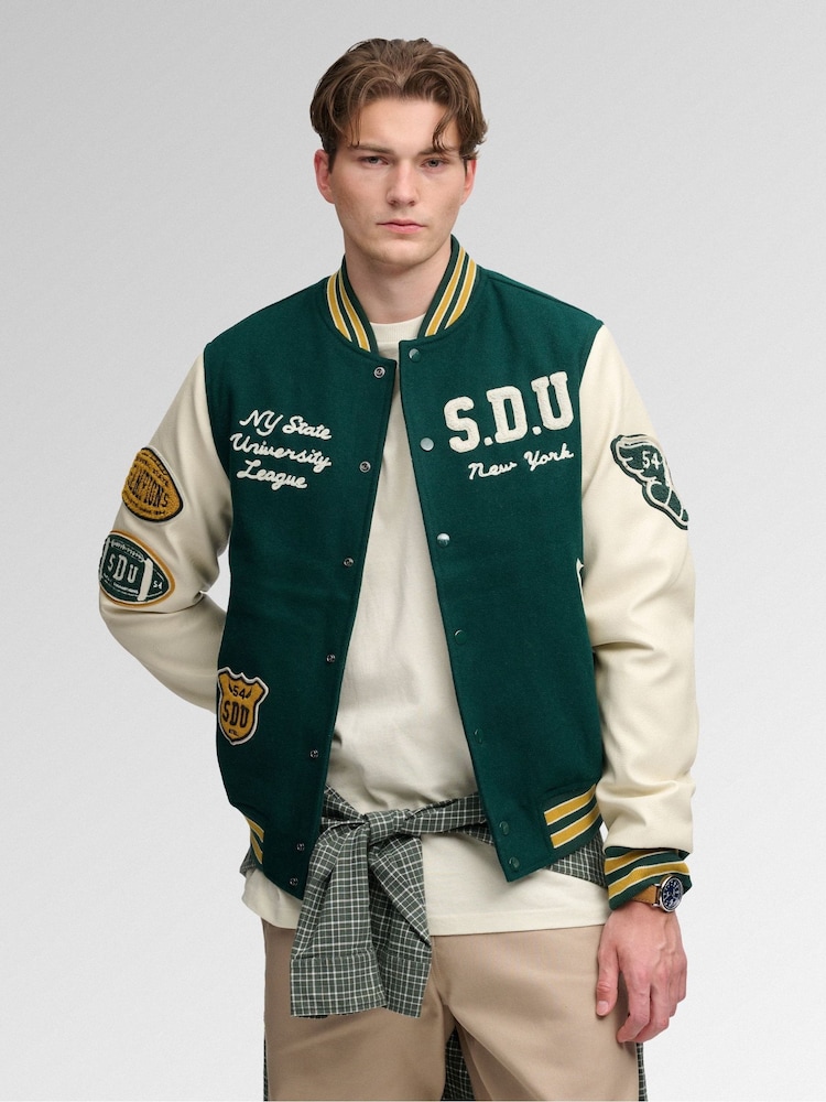 Superdry Green Vintage Patched Varsity Jacket - Image 1 of 6 Superdry Green Vintage Patched Varsity Jacket - Image 1 of 6