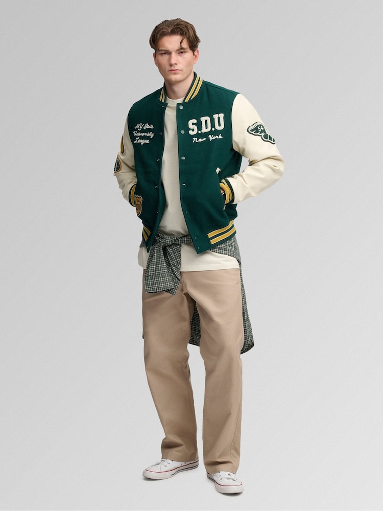 Superdry Green Vintage Patched Varsity Jacket - Image 2 of 6 Superdry Green Vintage Patched Varsity Jacket - Image 2 of 6