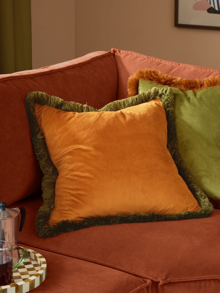 Furn Ginger Olive Halo Fringed Velvet Fibre Filled Cushion - Image 1 of 5