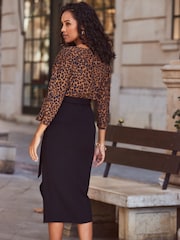 Sosandar Black/Brown Leopard Print Two Part Midi Dress With Split Detail - Image 2 of 5