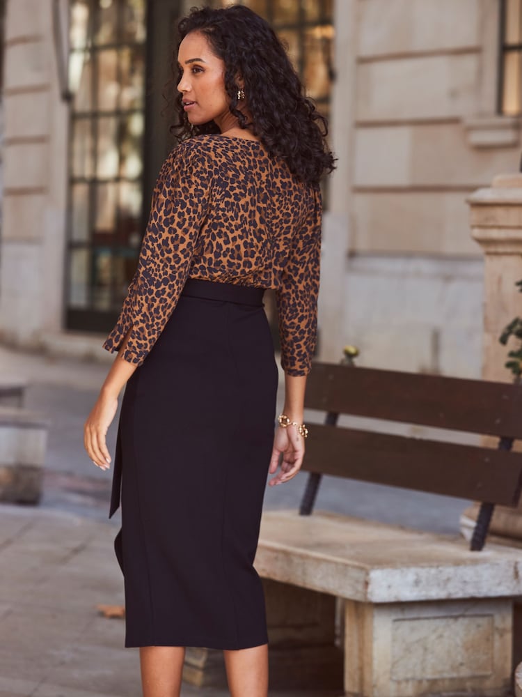 Sosandar Black/Brown Leopard Print Two Part Midi Dress With Split Detail - Image 2 of 5