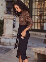Sosandar Black/Brown Leopard Print Two Part Midi Dress With Split Detail - Image 4 of 5