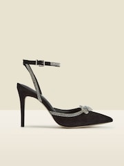Sosandar Black Suede Diamante Bow Trim Ankle Strap Court Shoes - Image 1 of 5