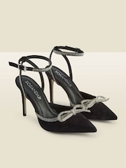 Sosandar Black Suede Diamante Bow Trim Ankle Strap Court Shoes - Image 2 of 5