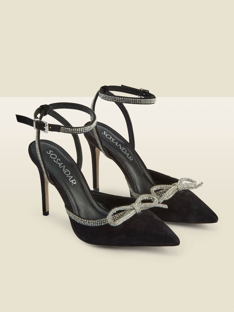 Sosandar Black Suede Diamante Bow Trim Ankle Strap Court Shoes - Image 2 of 5
