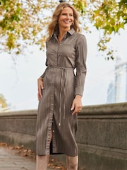 Sosandar Natural Leather Look Plisse Shirt Dress With Belt - Image 6 of 6