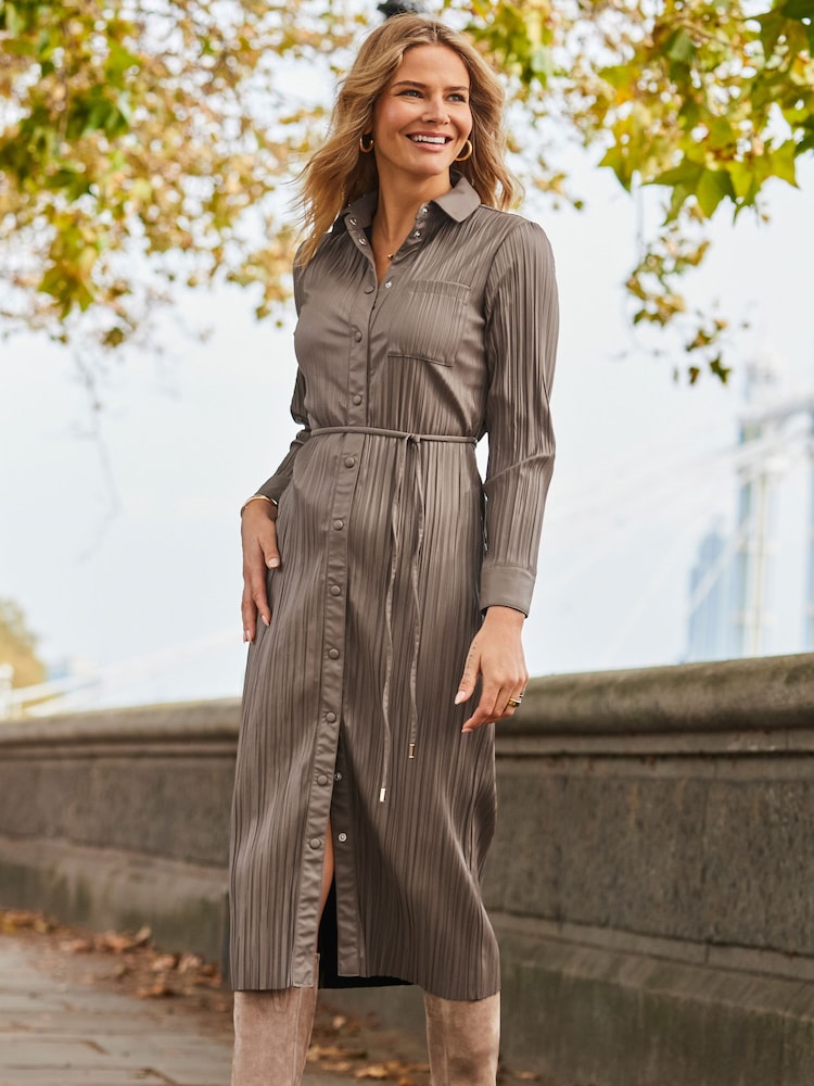 Sosandar Natural Leather Look Plisse Shirt Dress With Belt - Image 6 of 6
