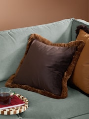 Furn Chocolate Caramel Halo Fringed Velvet Fibre Filled Cushion - Image 1 of 5