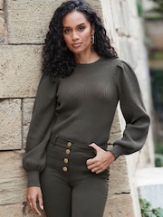 Sosandar Green Ribbed Puff Sleeve Jumper - Image 1 of 6