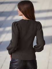 Sosandar Green Ribbed Puff Sleeve Jumper - Image 4 of 6