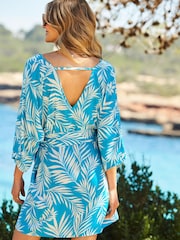 Sosandar Blue Palm Print Tie Waist Beach Dress - Image 2 of 4