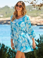Sosandar Blue Palm Print Tie Waist Beach Dress - Image 3 of 4
