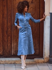 Sosandar Blue Panelled Skirt Button Front Denim Dress - Image 1 of 6