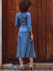 Sosandar Blue Panelled Skirt Button Front Denim Dress - Image 3 of 6