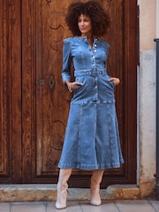 Sosandar Blue Panelled Skirt Button Front Denim Dress - Image 4 of 6