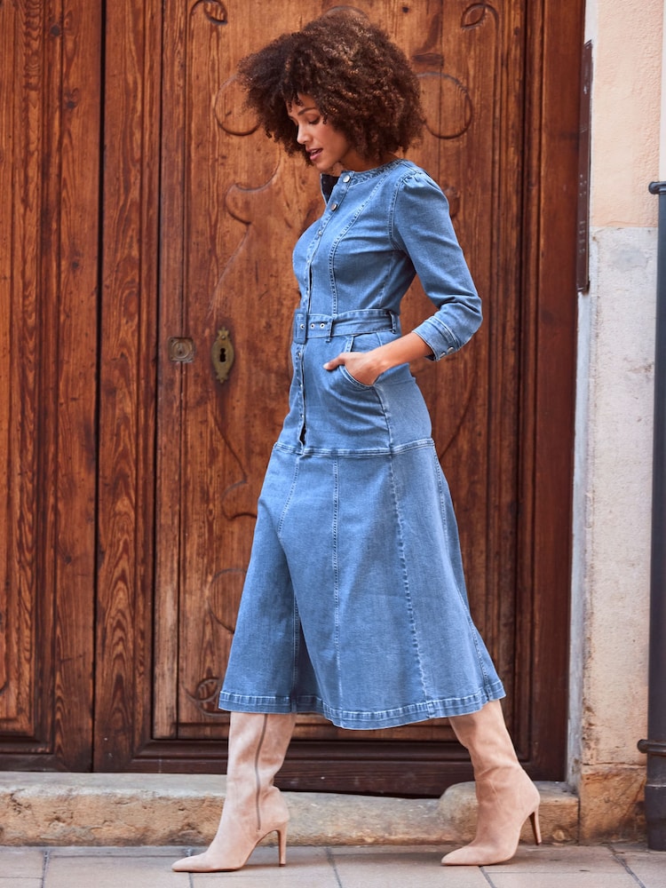 Buy Sosandar Blue Panelled Skirt Button Front Denim Dress from Next USA