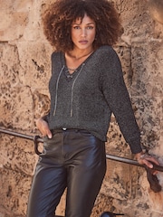 Sosandar Black Sparkly Lace Up Chain Slouchy Jumper - Image 1 of 5