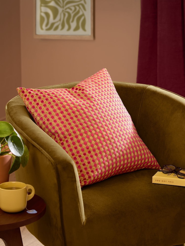 Furn Hot Pink Checkered Velvet Fibre Filled Cushion - Image 1 of 4 Furn Hot Pink Checkered Velvet Fibre Filled Cushion - Image 1 of 4