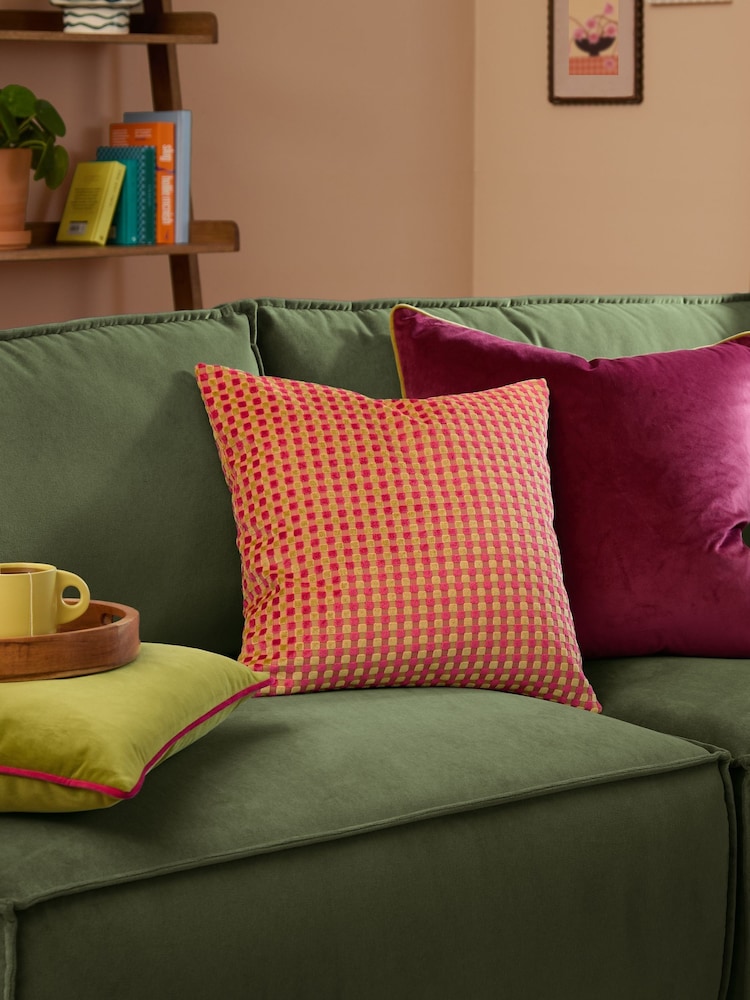 Furn Hot Pink Checkered Velvet Fibre Filled Cushion - Image 2 of 4 Furn Hot Pink Checkered Velvet Fibre Filled Cushion - Image 2 of 4