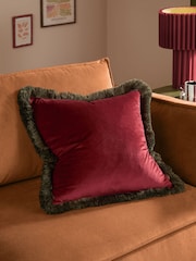 Furn Dark RedFir Green Halo Fringed Velvet Fibre Filled Cushion - Image 1 of 5