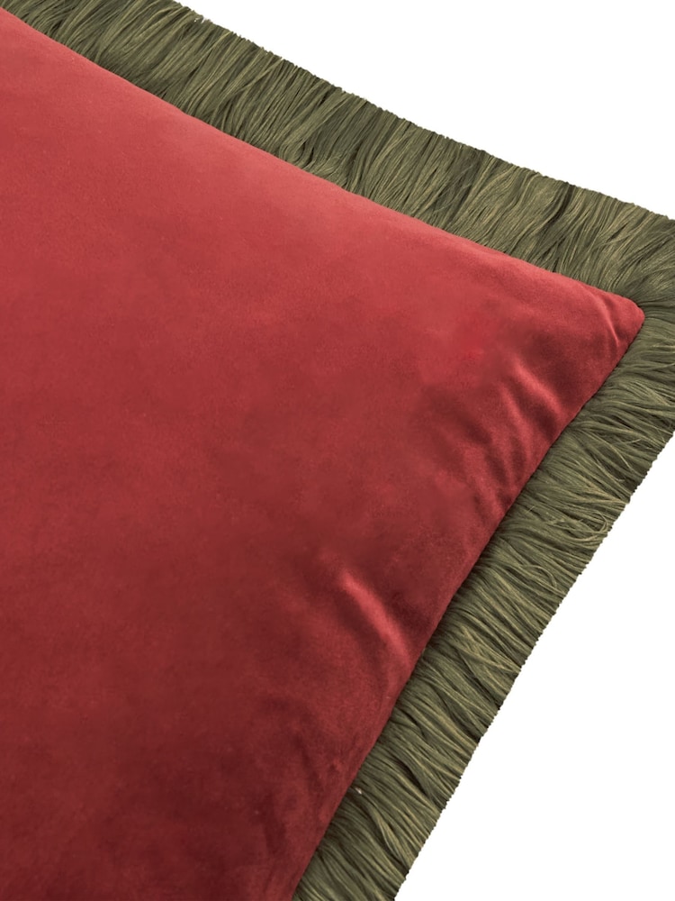 Furn Dark RedFir Green Halo Fringed Velvet Fibre Filled Cushion - Image 5 of 5