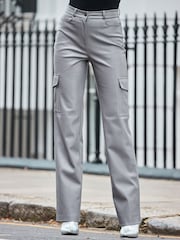 Sosandar Grey Faux Leather Wide Leg Cargo Trousers With Pocket Detail - Image 1 of 5