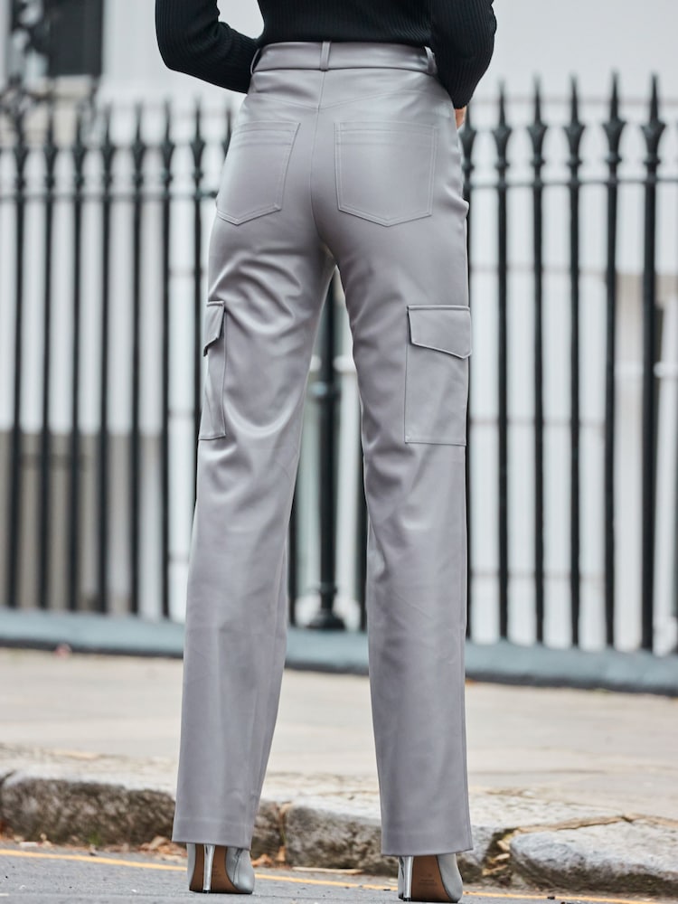 Sosandar Grey Faux Leather Wide Leg Cargo Trousers With Pocket Detail - Image 2 of 5