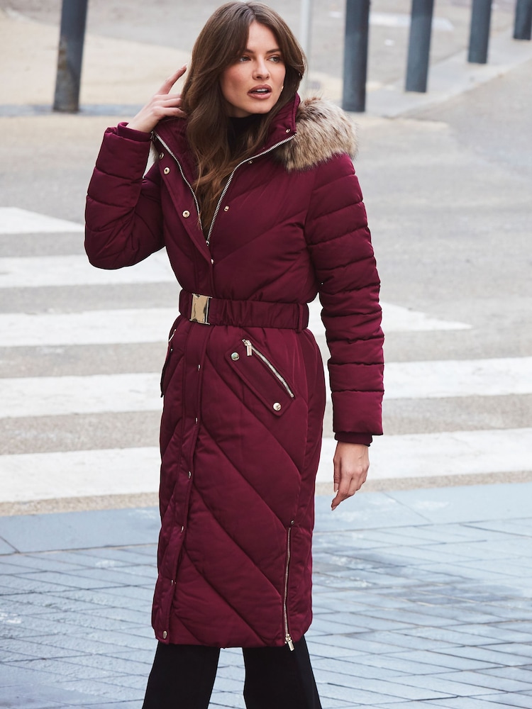 Sosandar Red Longline Padded Coat With Faux Fur Hood - Image 1 of 6