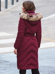 Sosandar Red Longline Padded Coat With Faux Fur Hood - Image 3 of 6