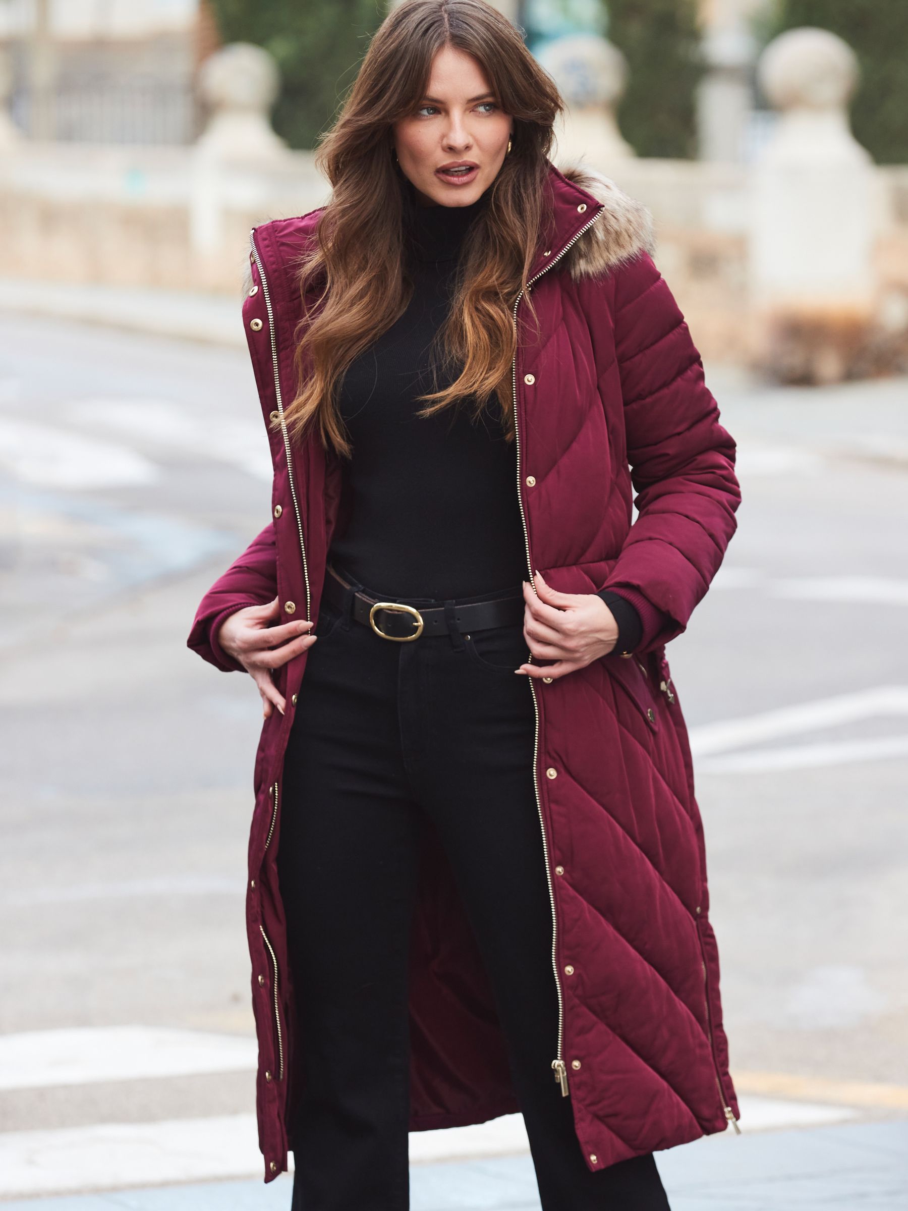 Buy Sosandar Red Longline Padded Coat With Faux Fur Hoodie from the Next UK online shop