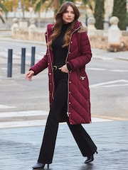 Sosandar Red Longline Padded Coat With Faux Fur Hood - Image 5 of 6