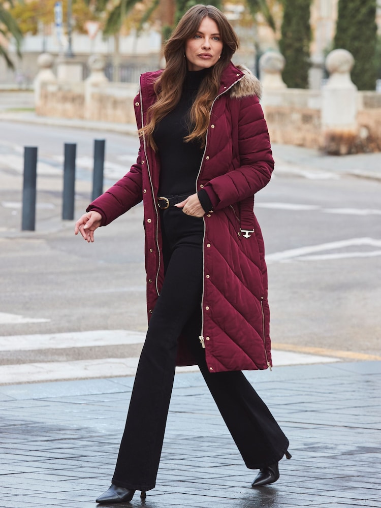 Sosandar Red Longline Padded Coat With Faux Fur Hood - Image 5 of 6