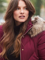 Sosandar Red Longline Padded Coat With Faux Fur Hood - Image 6 of 6