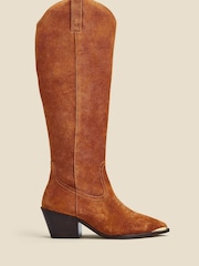 Sosandar Brown Suede Tab Detail Knee High Western Boots With Metal Trim - Image 1 of 5