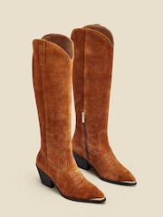 Sosandar Brown Suede Tab Detail Knee High Western Boots With Metal Trim - Image 2 of 5