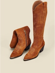 Sosandar Brown Suede Tab Detail Knee High Western Boots With Metal Trim - Image 3 of 5