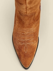 Sosandar Brown Suede Tab Detail Knee High Western Boots With Metal Trim - Image 4 of 5