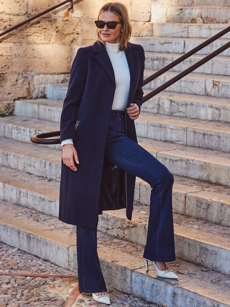 Sosandar Blue Double Breasted Longline Coat With Chain Pocket Detail - Image 1 of 6