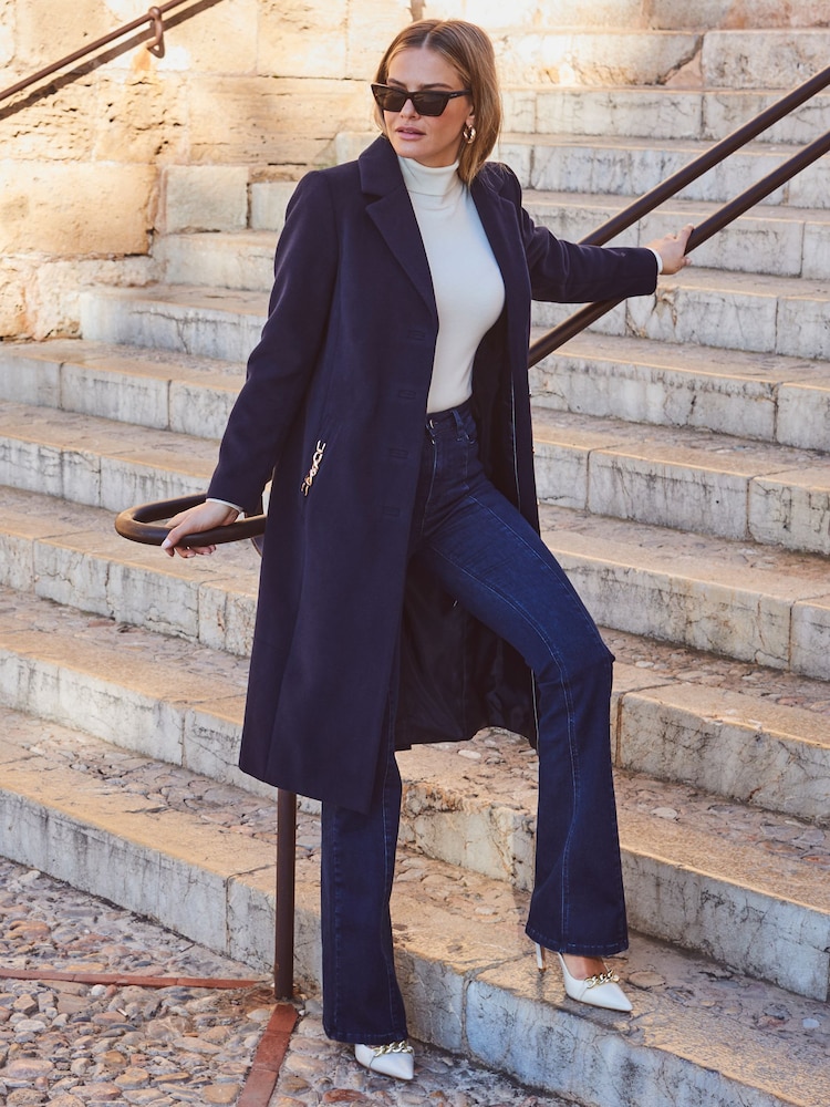 Sosandar Blue Double Breasted Longline Coat With Chain Pocket Detail - Image 4 of 6