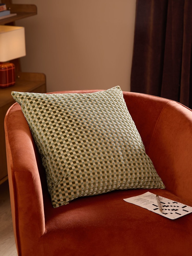 Furn Eucalyptus Checkered Velvet Fibre Filled Cushion - Image 1 of 4 Furn Eucalyptus Checkered Velvet Fibre Filled Cushion - Image 1 of 4