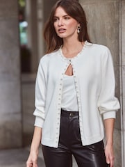 Sosandar White Pearl Embellished Trim Cardigan - Image 1 of 6
