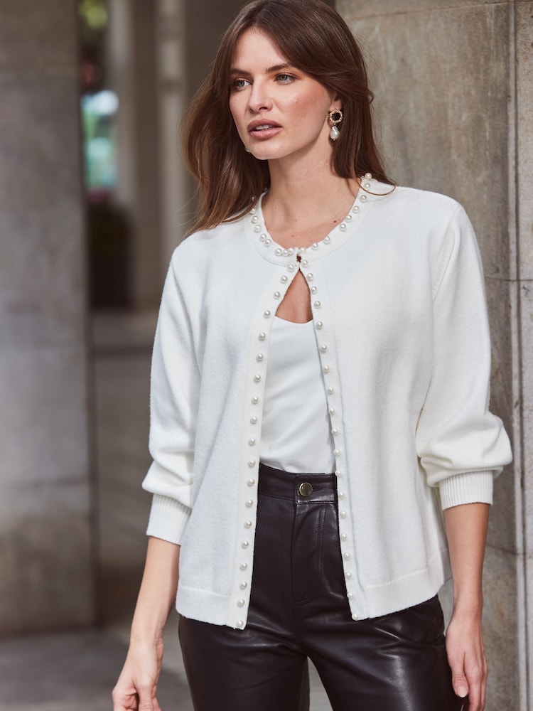 Sosandar White Pearl Embellished Trim Cardigan - Image 1 of 6